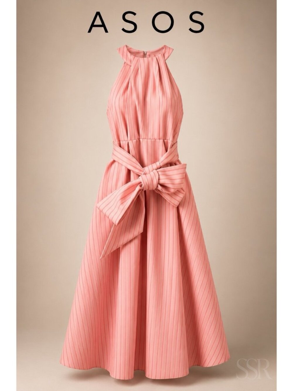 ASOS Pink Stripe Bow Midi Dress Size 6 Halter Fit & Flare Cocktail Party